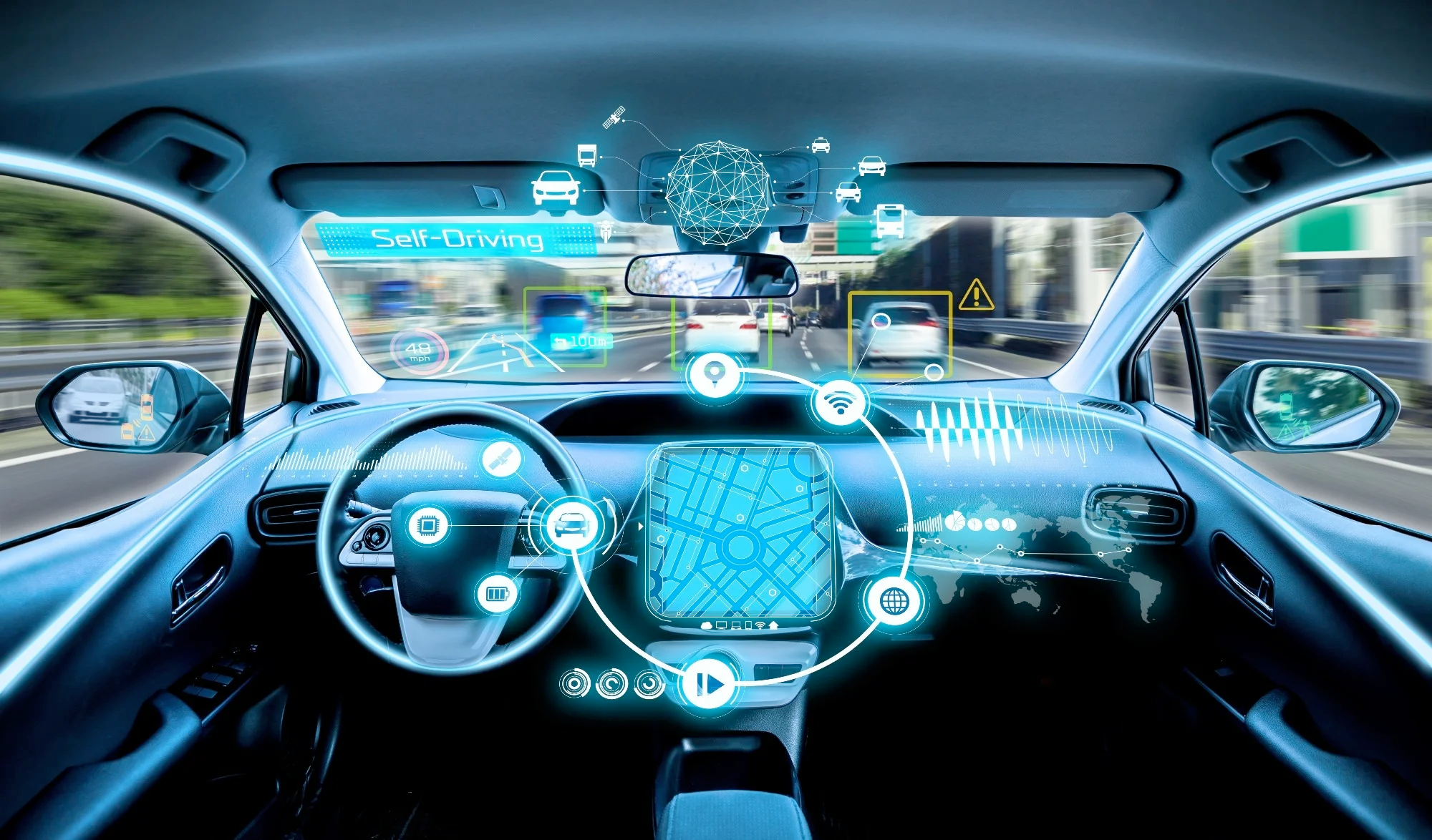 Modern automobile showing digital interface and safety sensors